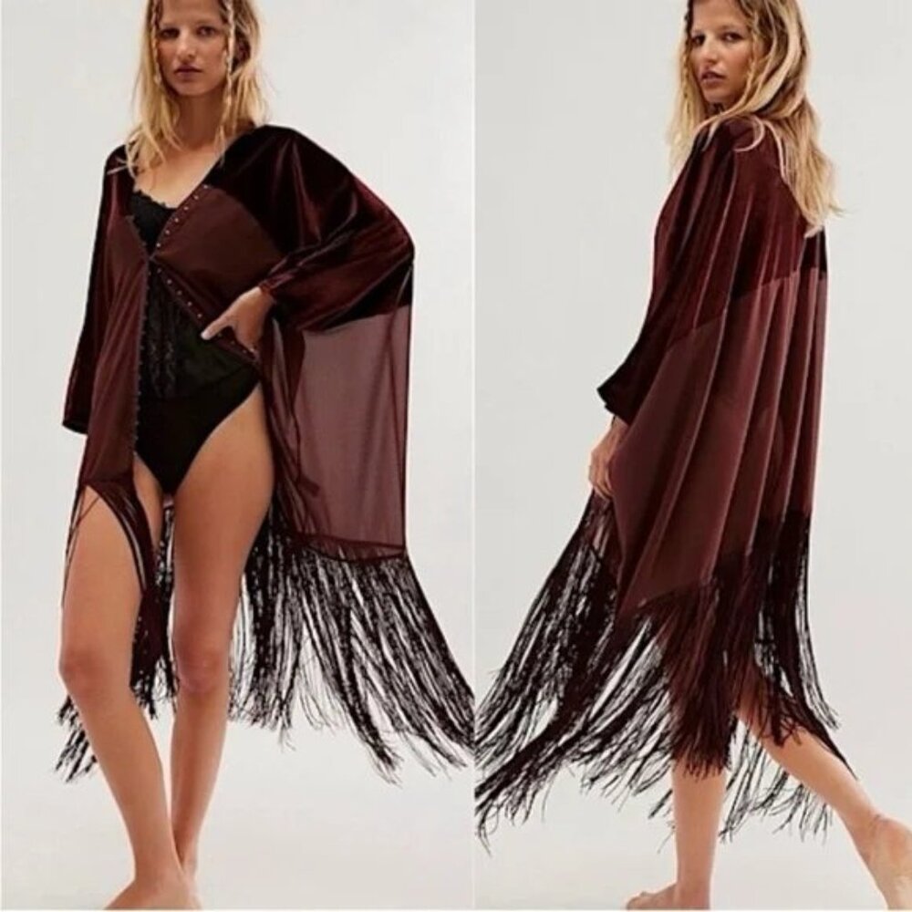 NWT Free People Velvet Dreams Fringe Kimono One Size
